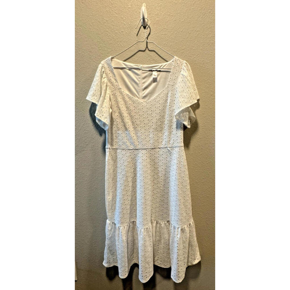 London Times Women's‎ Knit Eyelet Flutter Sleeve Tiered Midi Dress White Size 10